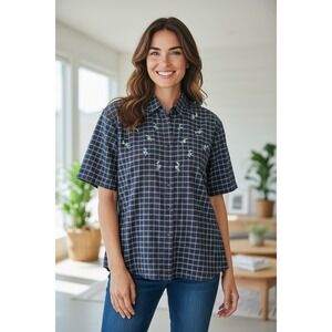 CST Sport Women's Plaid Short Sleeve Button Down Shirt Floral Embroidery 1X‎